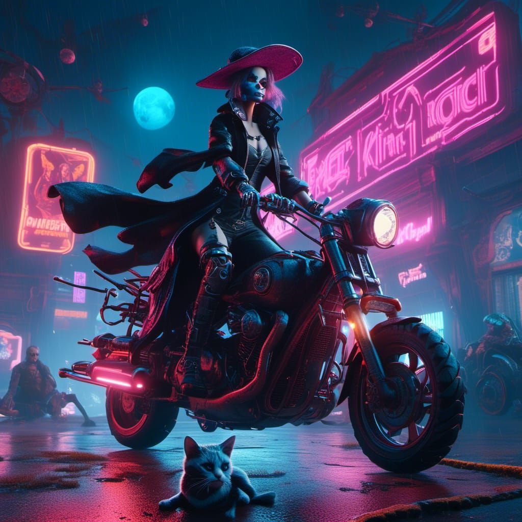 Cyberpunk Witch and Cat Soaring Under the Moon