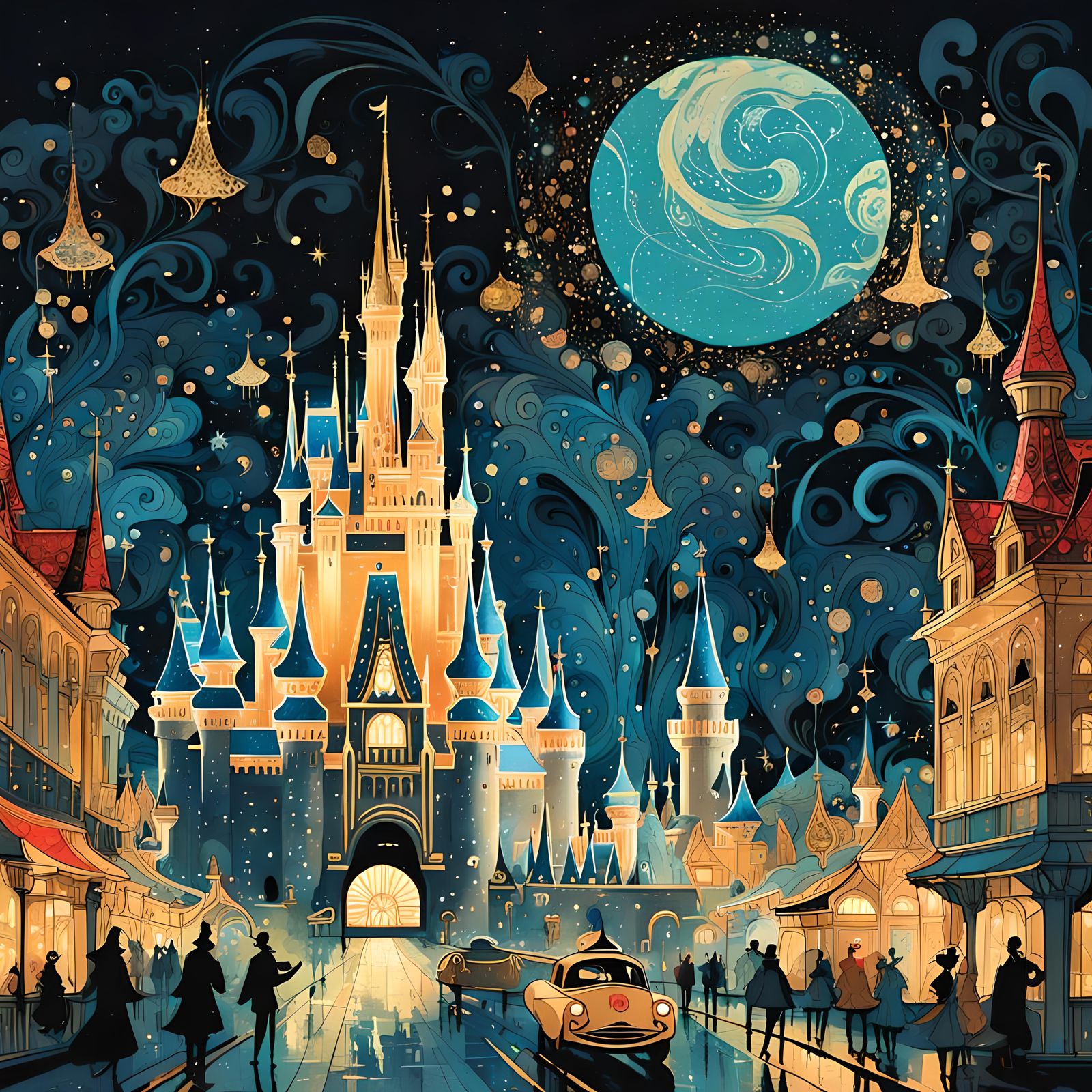 Magical Dark Cityscape Fairytale Castle in Ink Painting Styl...