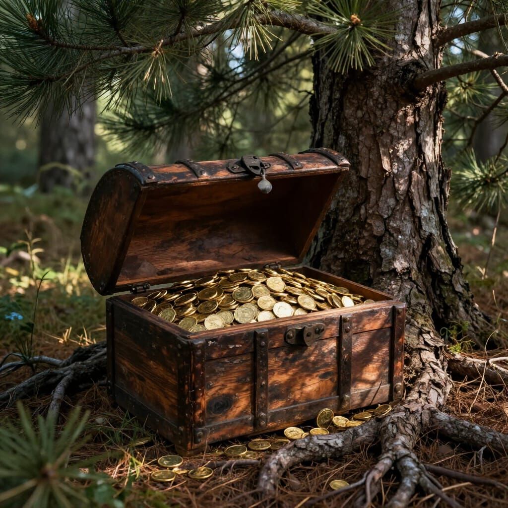 Ancient Chest of Gold Coins Under Pine Tree