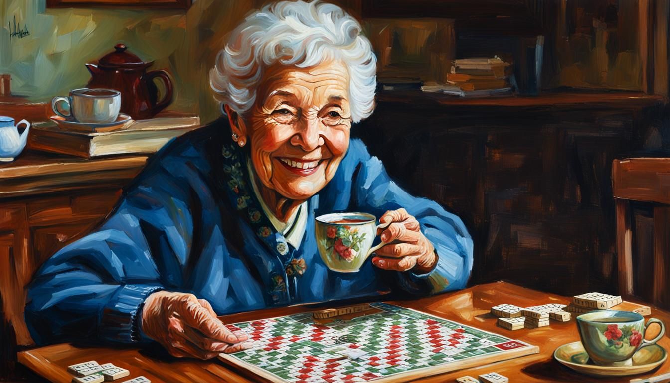 Grandmother Playing Scrabble, Oil Painting