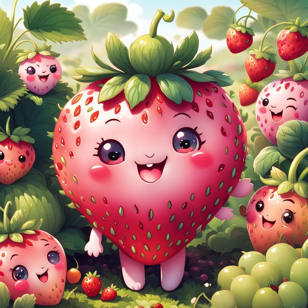 Smiling Strawberry in Kawaii Style