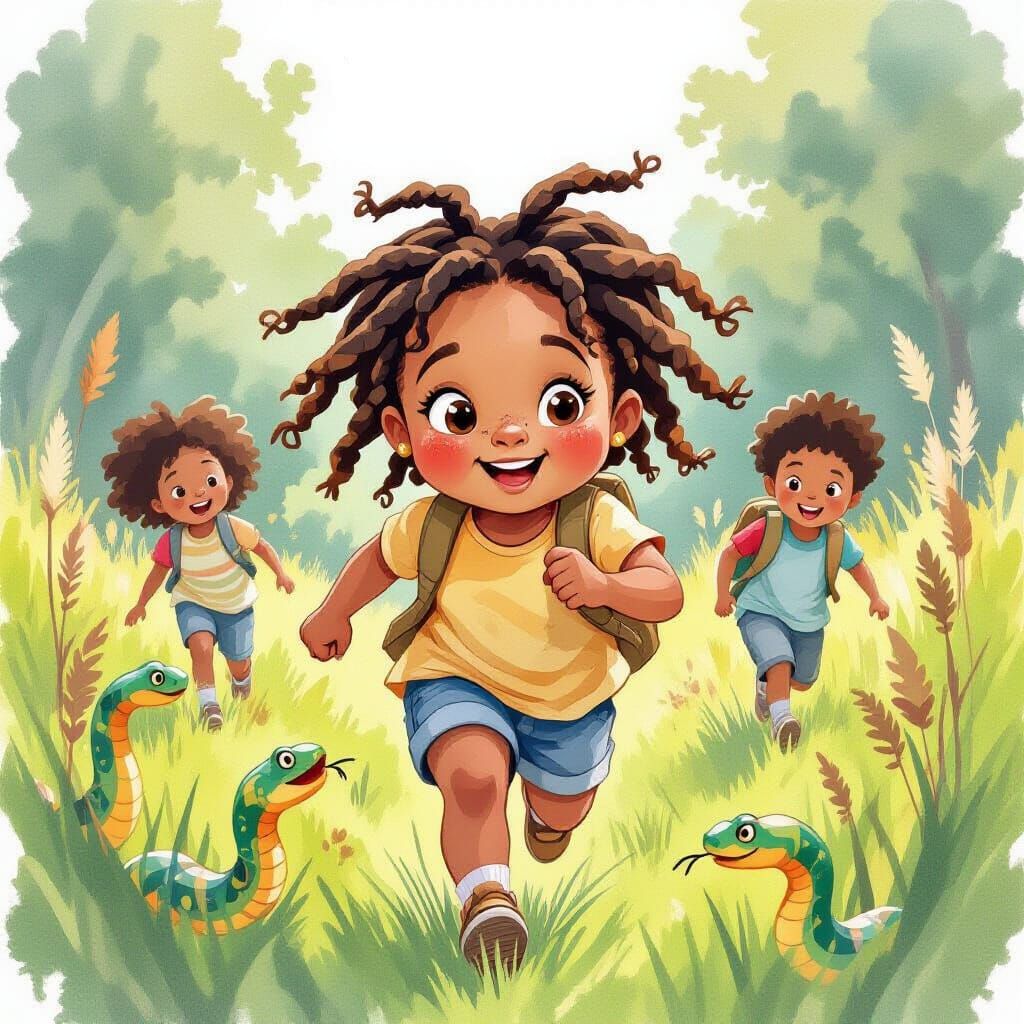 Girl Running from Snakes: Watercolor Illustration