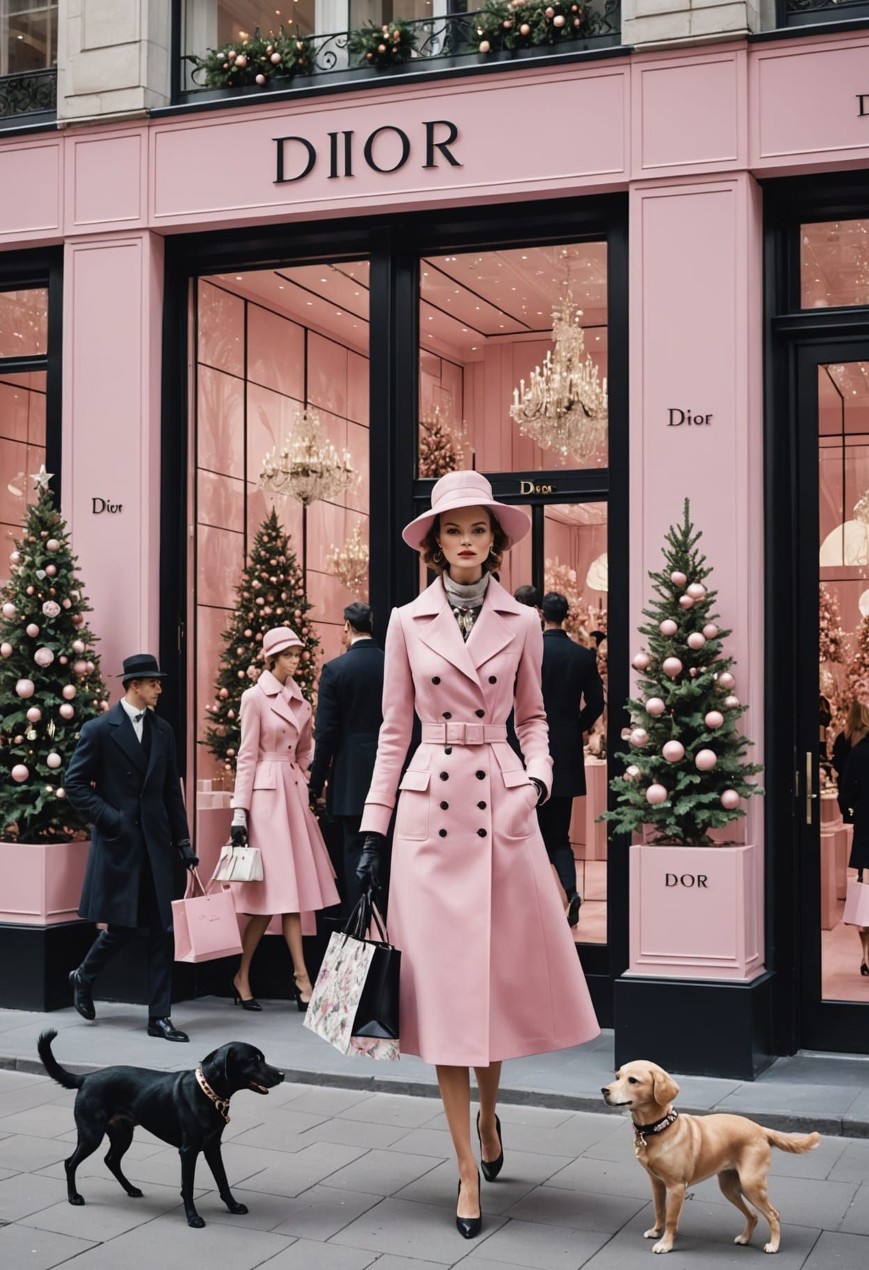 Elegant Christmas Dior Scene: Stylish Fashion Illustration