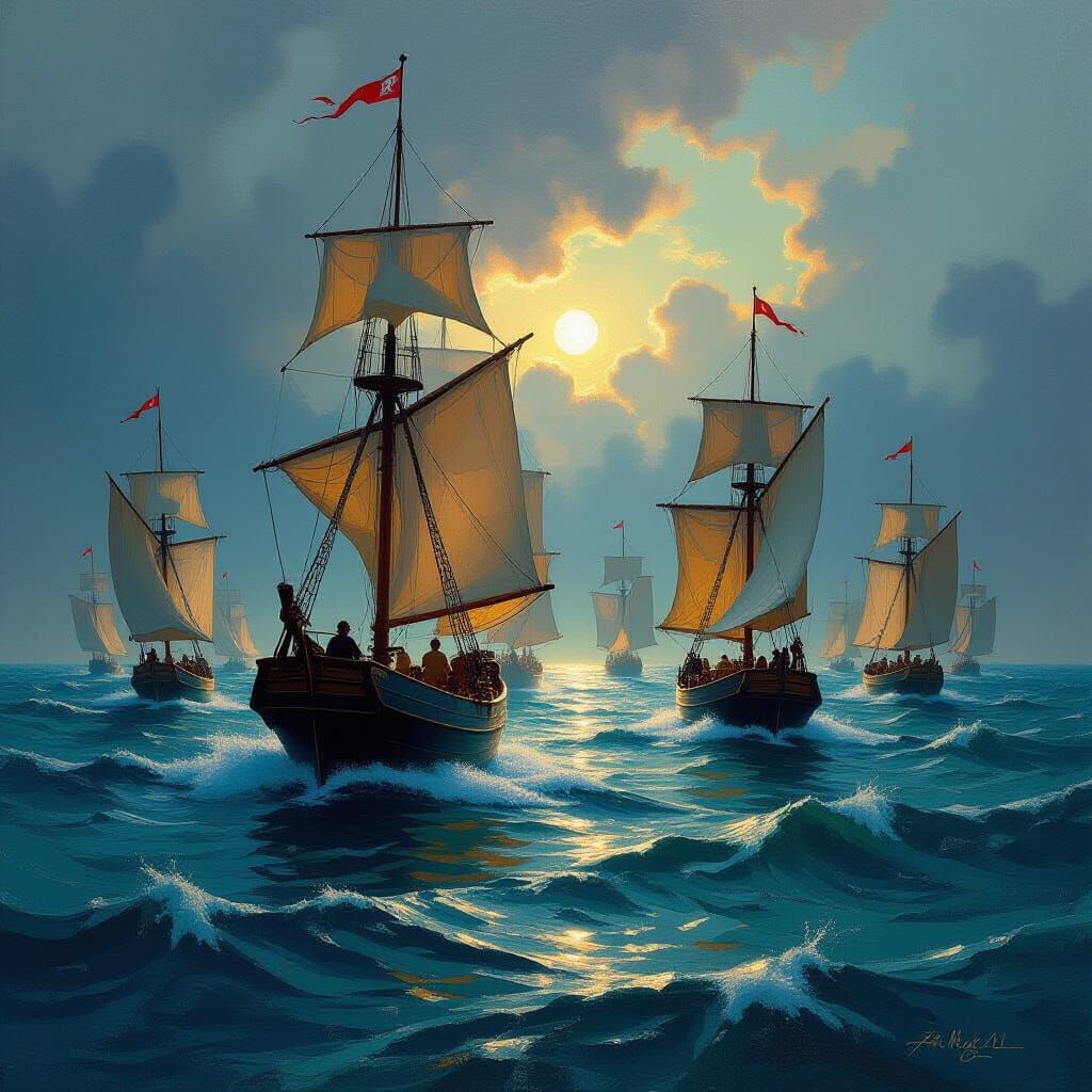 Majestic Flotilla on Turbulent Sea, Neo-Impressionist Style