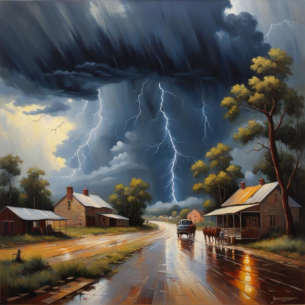 Country Town Thunderstorm in Oil Painting Style