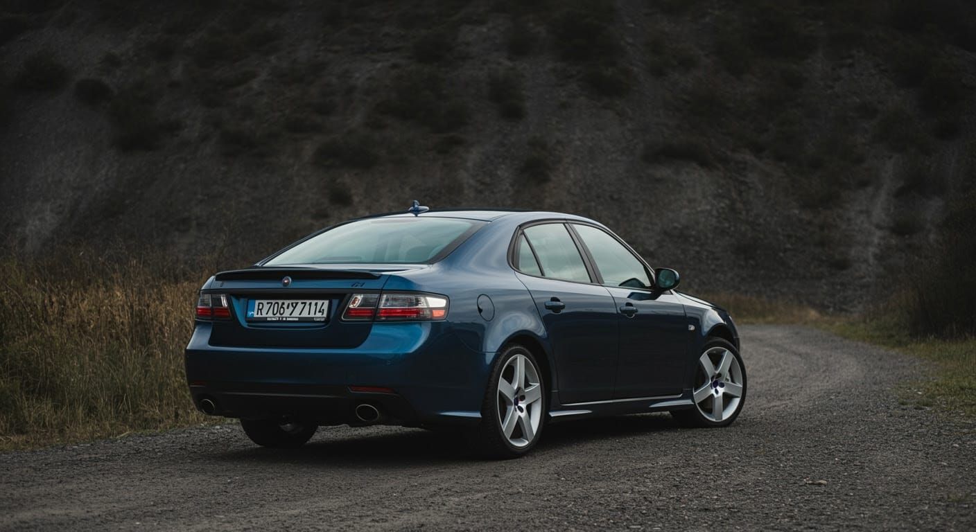 SAAB 9-5 Aero in Dark Blue Metallic with a Jeep in the Backg...