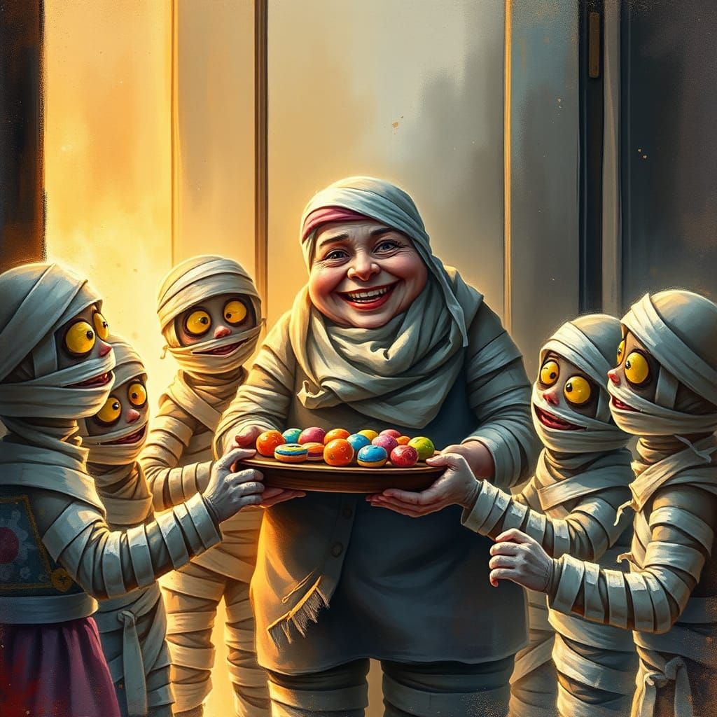 Halloween Mummies Get Treats: Impasto Autumn Scene