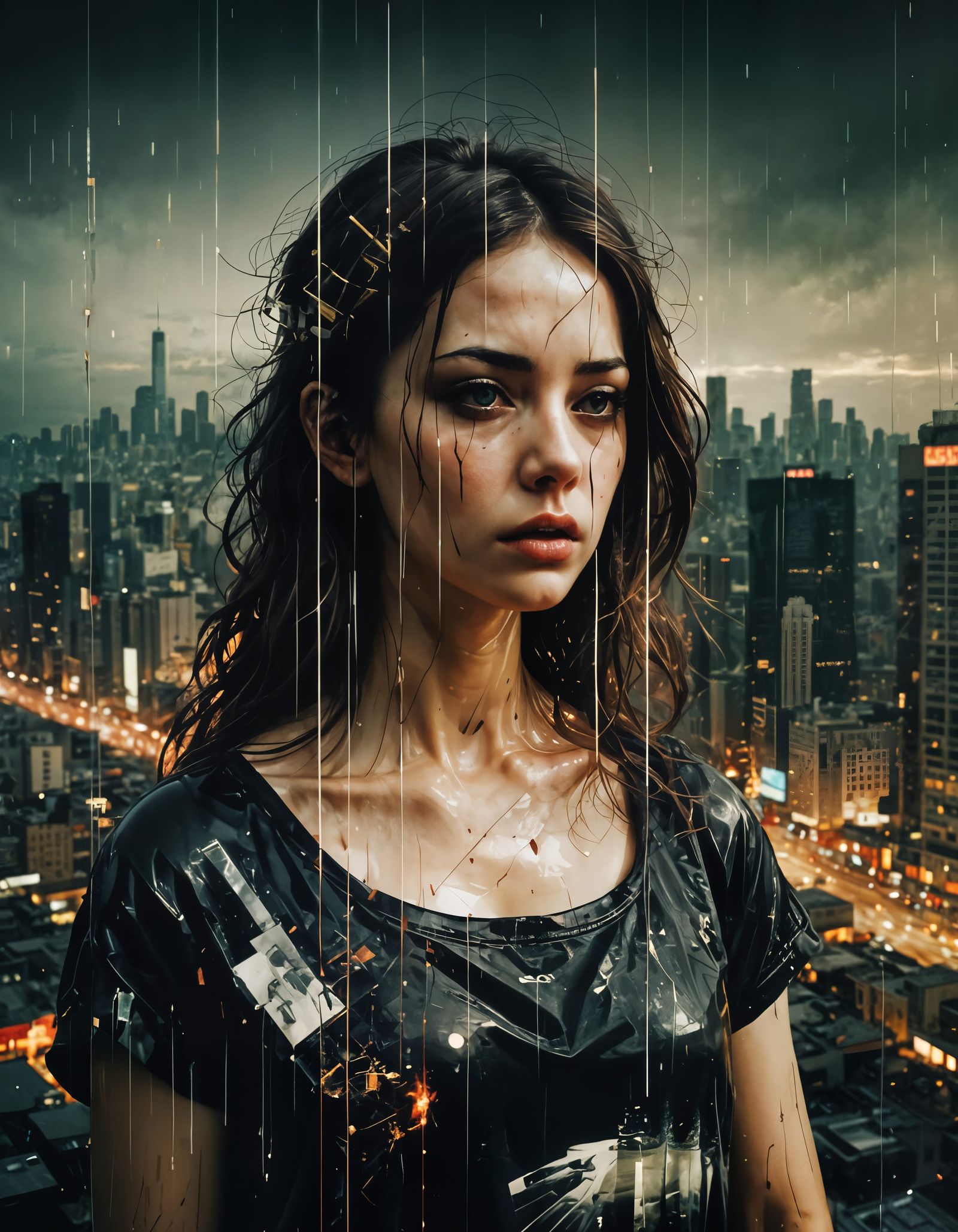 Gltichcore Double Exposure of Neon City