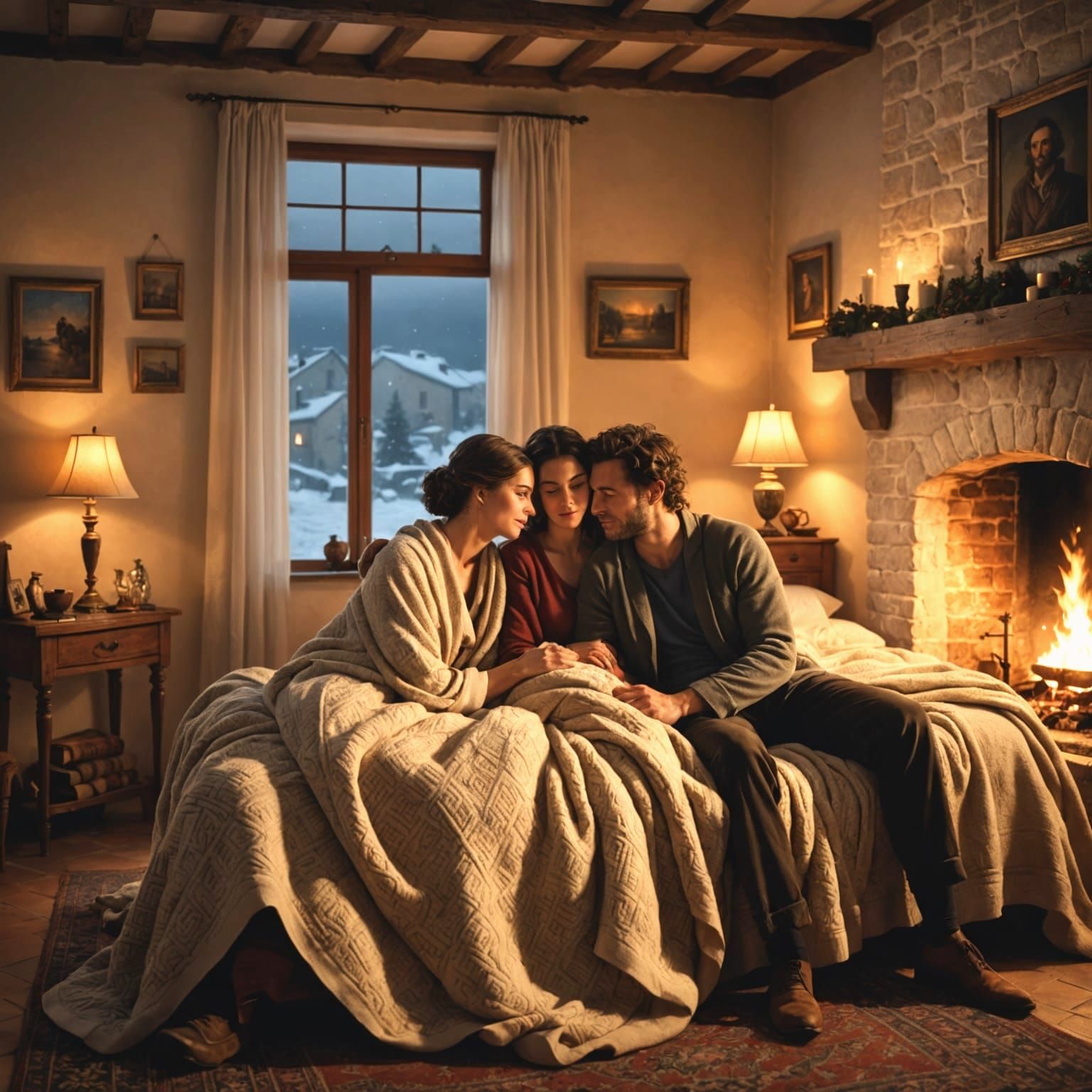 Cozy Greek Home Scene: Couple by Fireplace in Winter