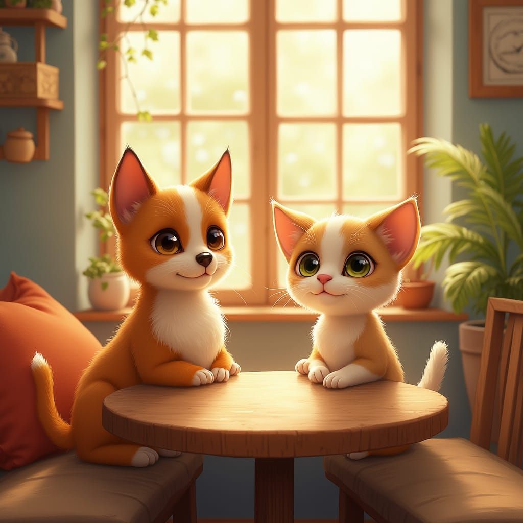 Cute Cats and Dogs Share Heartwarming Moment at Cozy Cafe