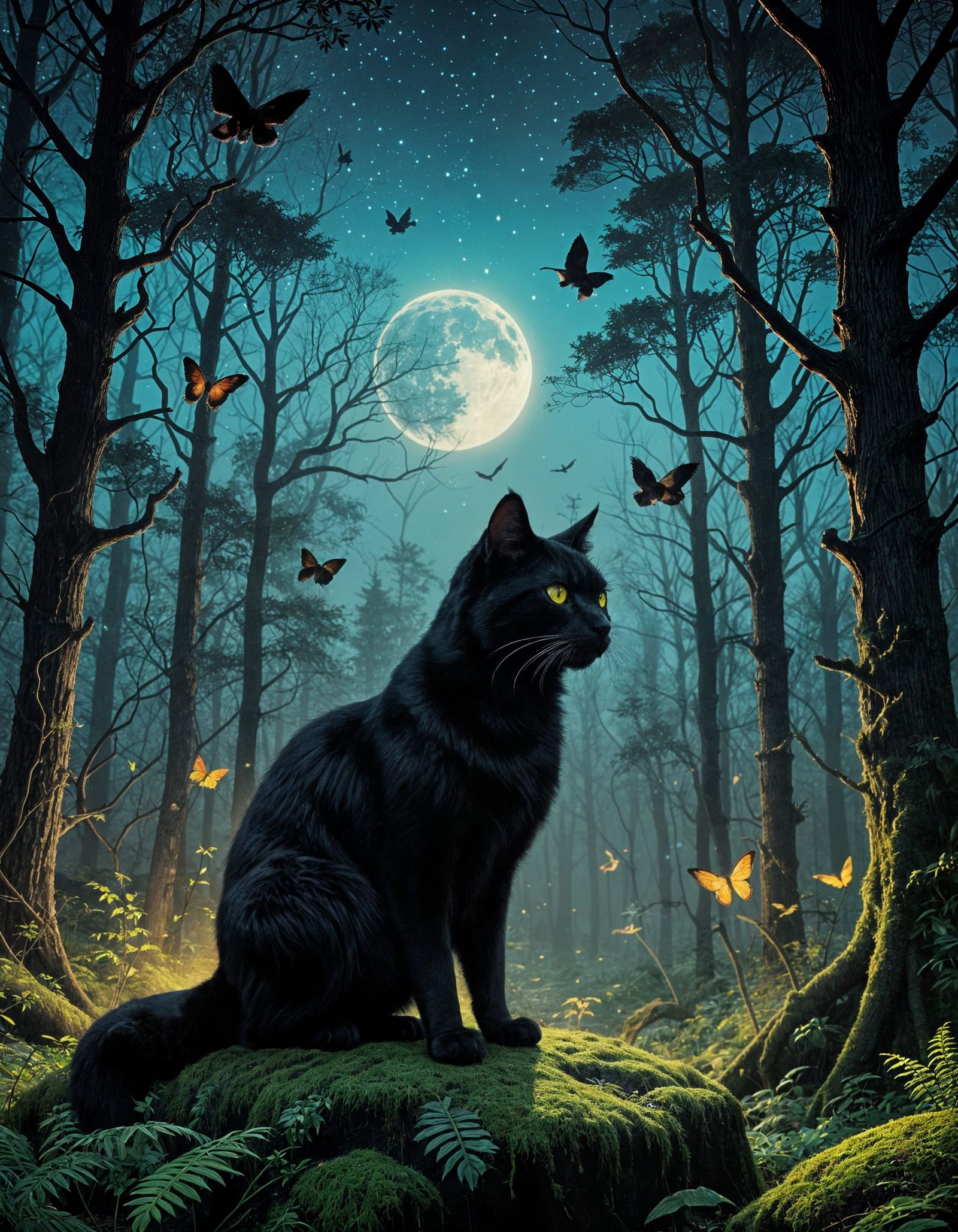 Ethereal Black Cat Transforms into Mystical Forest Landscape