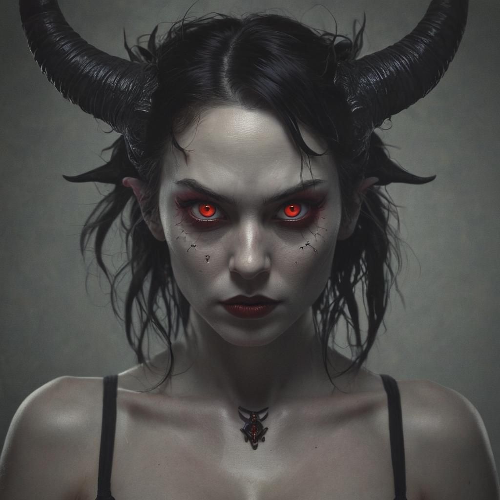 Demon Woman with Red Eyes in Dark Fantasy Style
