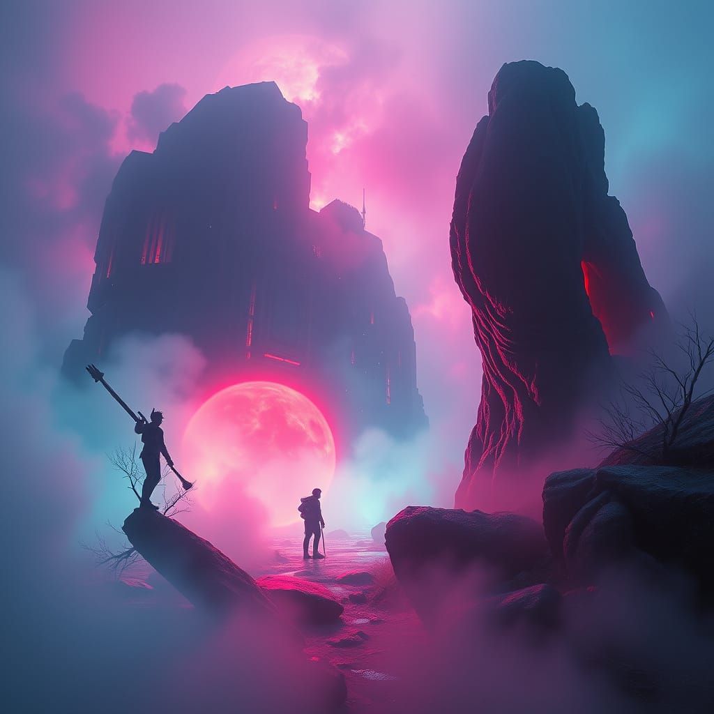 Mysterious Neon Dreamscape in Digital Art Style