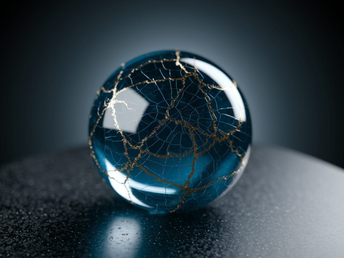 Cracked Crystal Sphere with Gold Kintsugi Repairs
