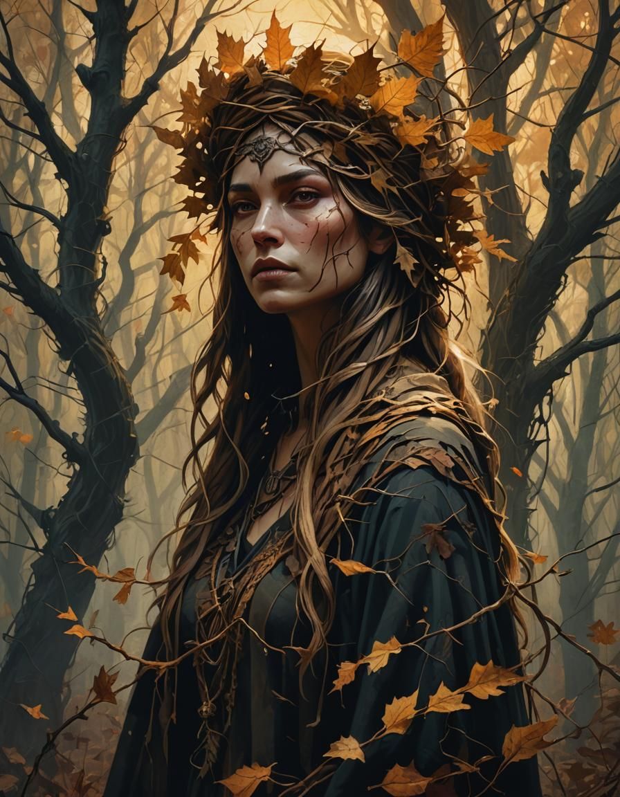 Autumnal Dark Fantasy Woman in Eerie Forest