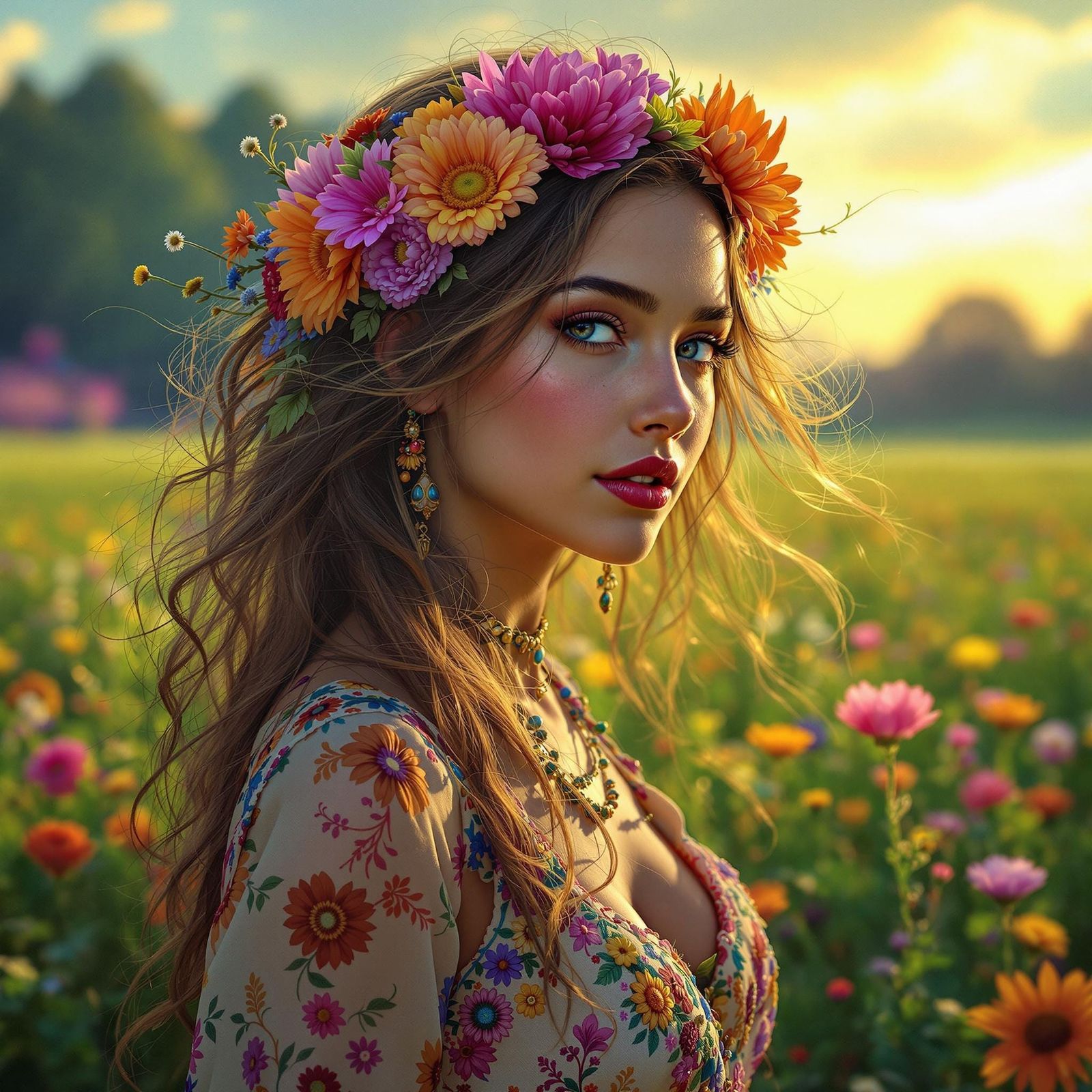 Hippie Girl with Flowers, Hyperrealistic Portrait