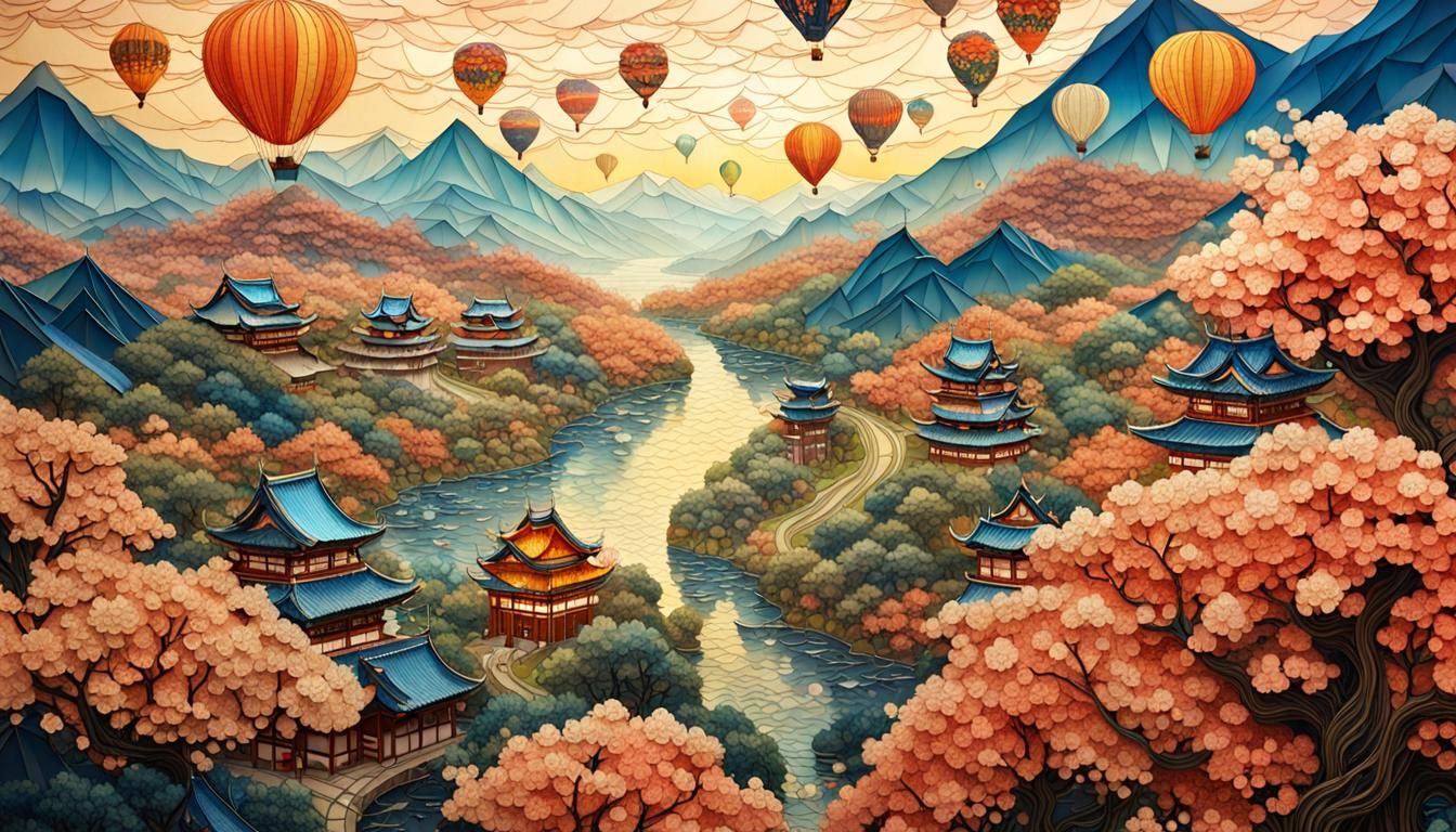 Japanese Landscape with Hot Air Balloons in Origami Style