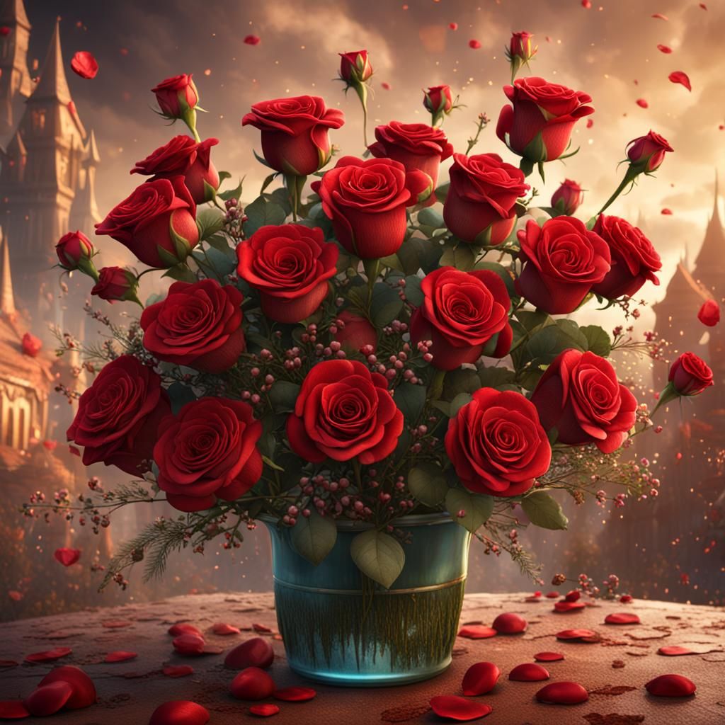 Red Roses Birthday Bouquet, Digital Art