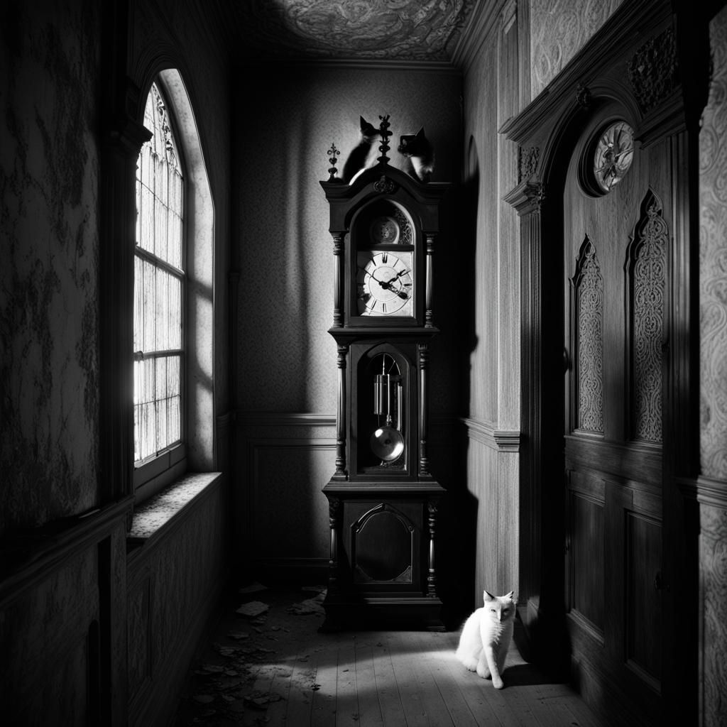 Gothic Hallway with Clock and Cat in Black and White