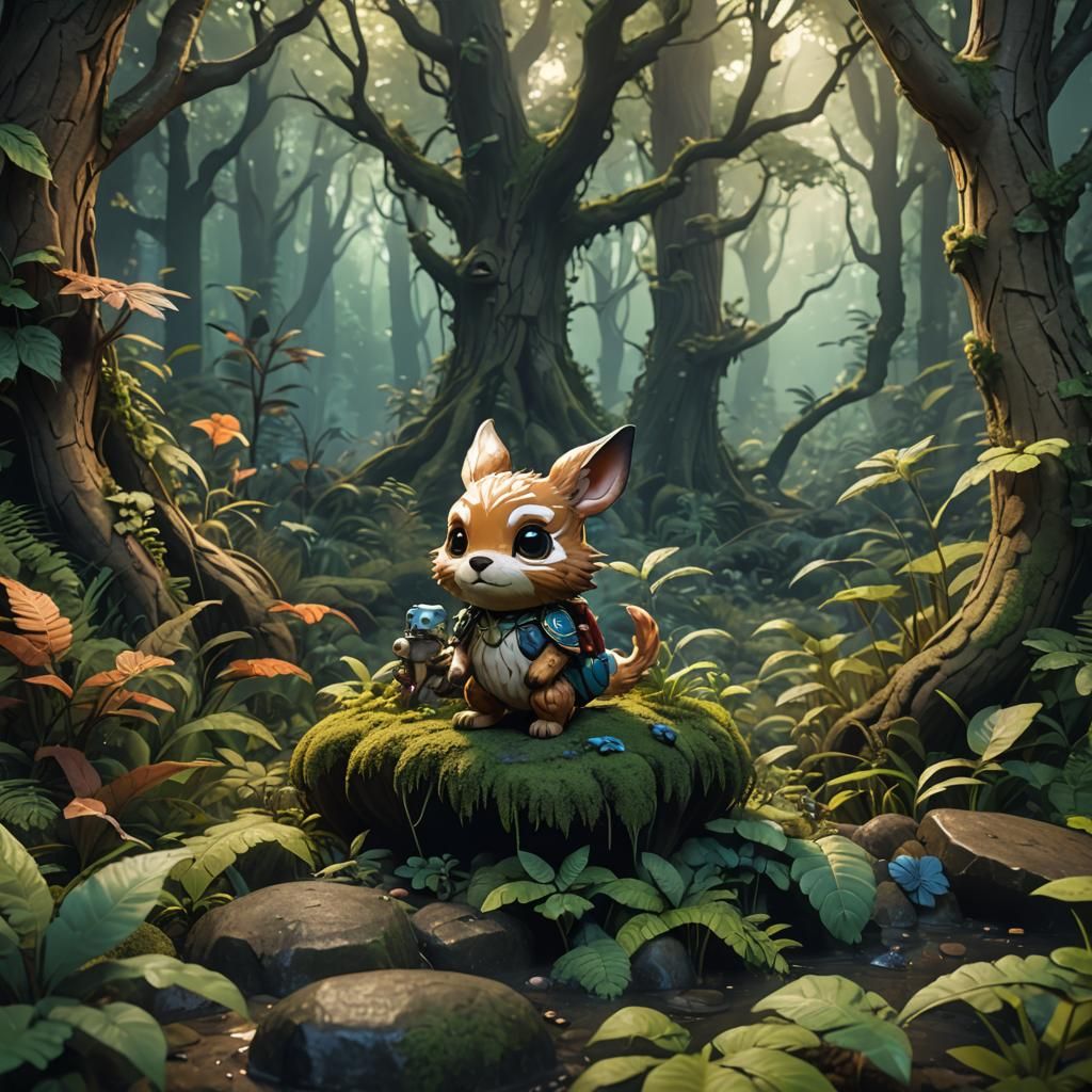 A chibi animal is lost in the forest. How does it find its way home and what creatures does it meet on its journey?