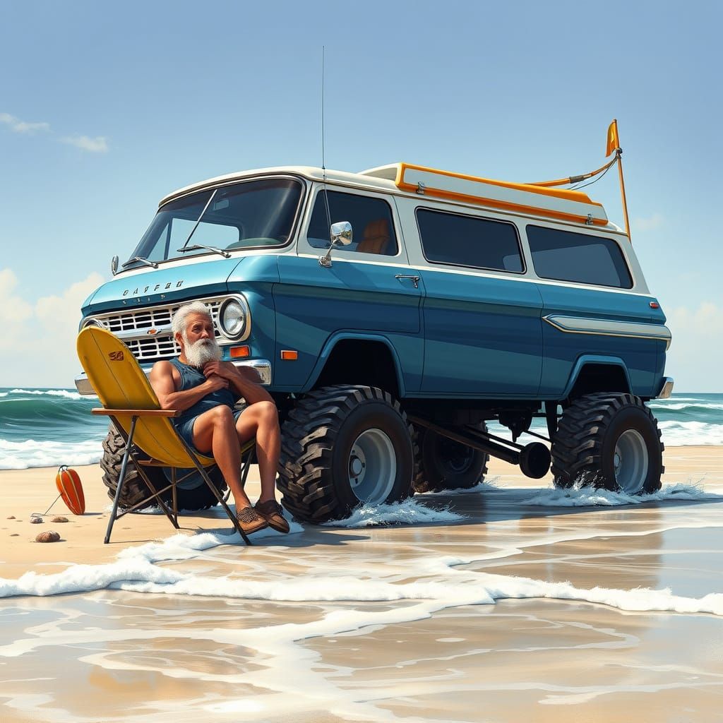 Fisherman Beside a Modified 1966 Ford Econoline Van