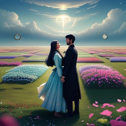 Surreal Scene: Time Fades, Love Blooms from Clocks