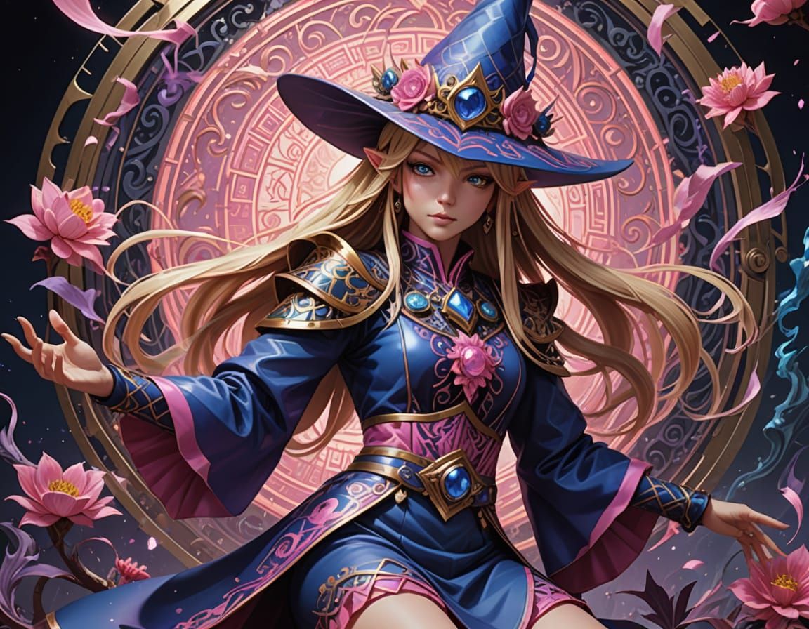 Whimsical Dark Magician Girl in Vibrant Fantasy Attire