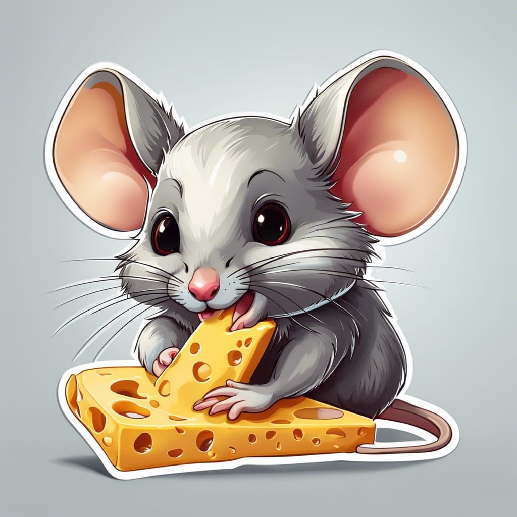 Cute Mouse Eating Cheese Digital Art Sticker