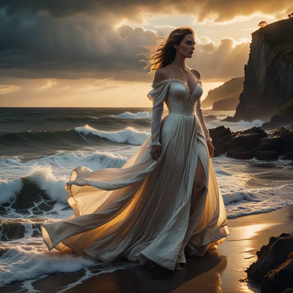 Woman Standing at the Edge of a Stormy Sea in Cinematic Film...