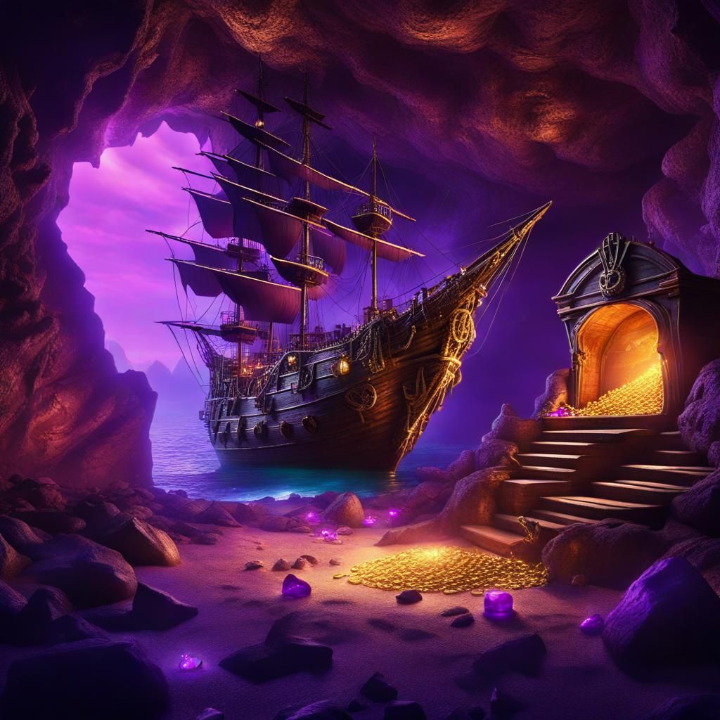 Purple-lit Pirate Cave Hideout with Treasure