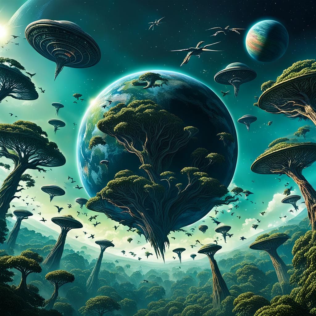 Exotic Alien Birds Fly Over Alien Planet