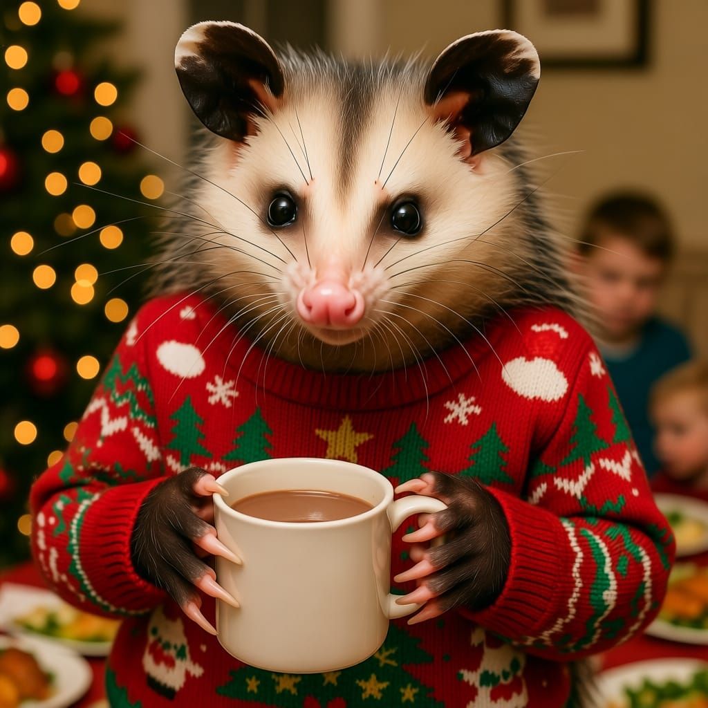 Opossum Hosts Christmas Potluck in Cozy Sweater