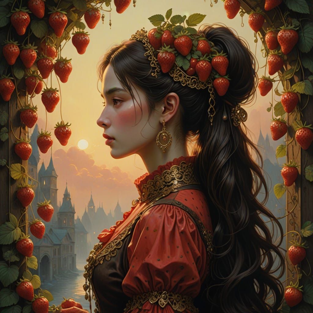 Mystical Strawberry Goddess in Dark, Golden Hues
