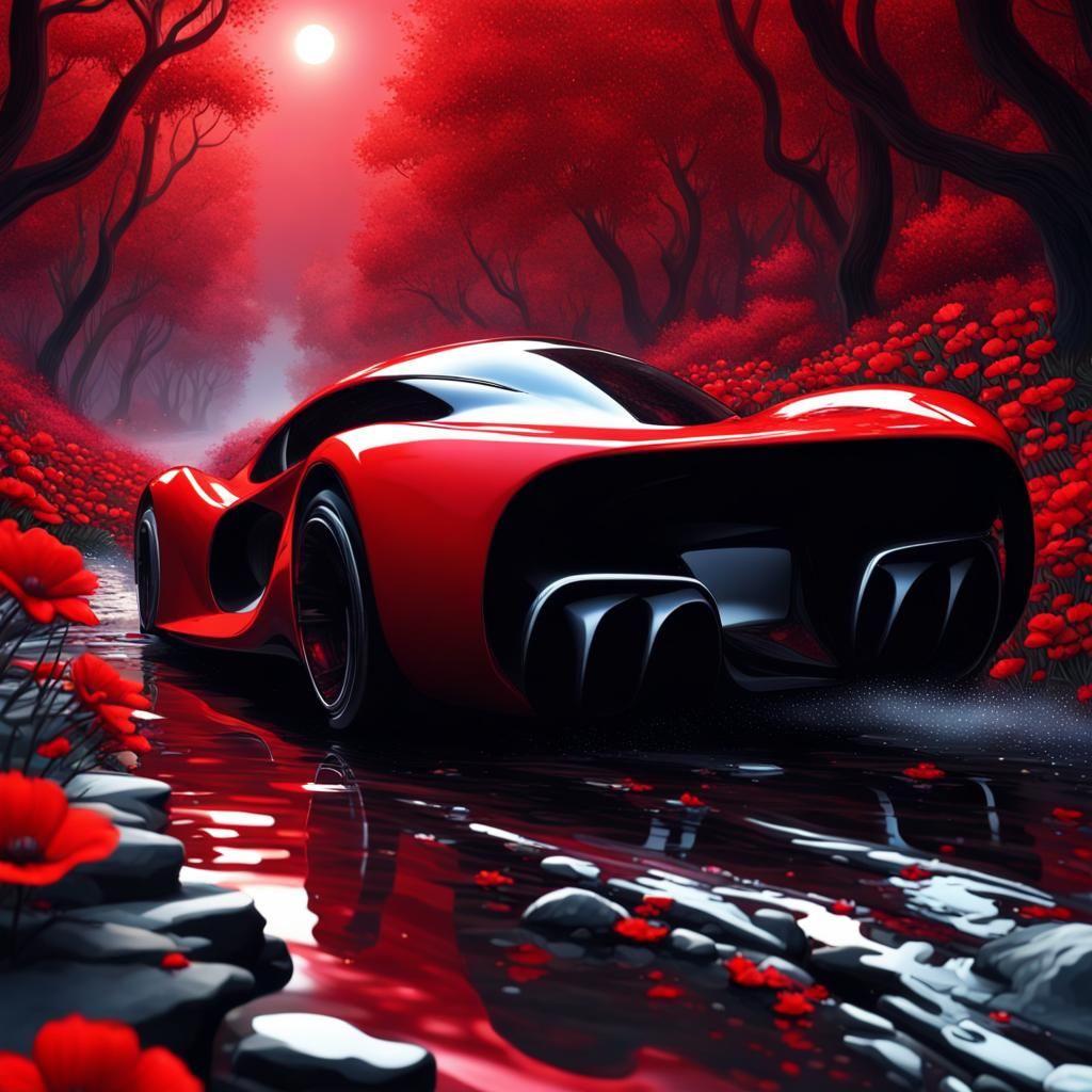 Thrilling red race night scene, a futuristic super racing car in a red forest