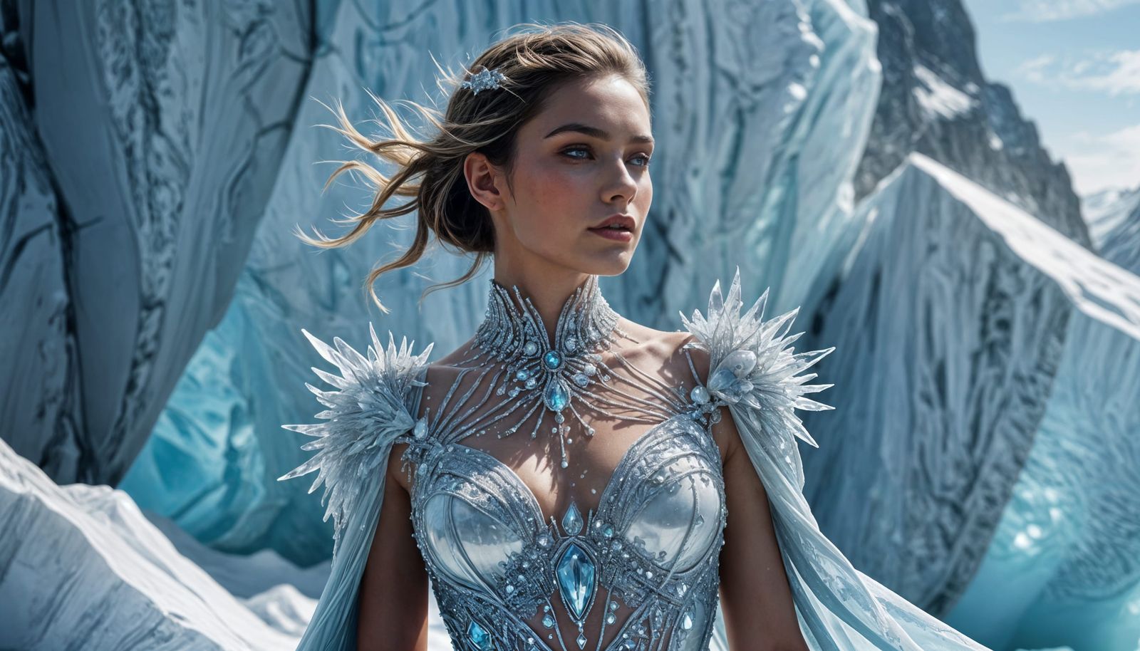 Supermodel in Ice Dress, Captured Against Majestic Glaciers