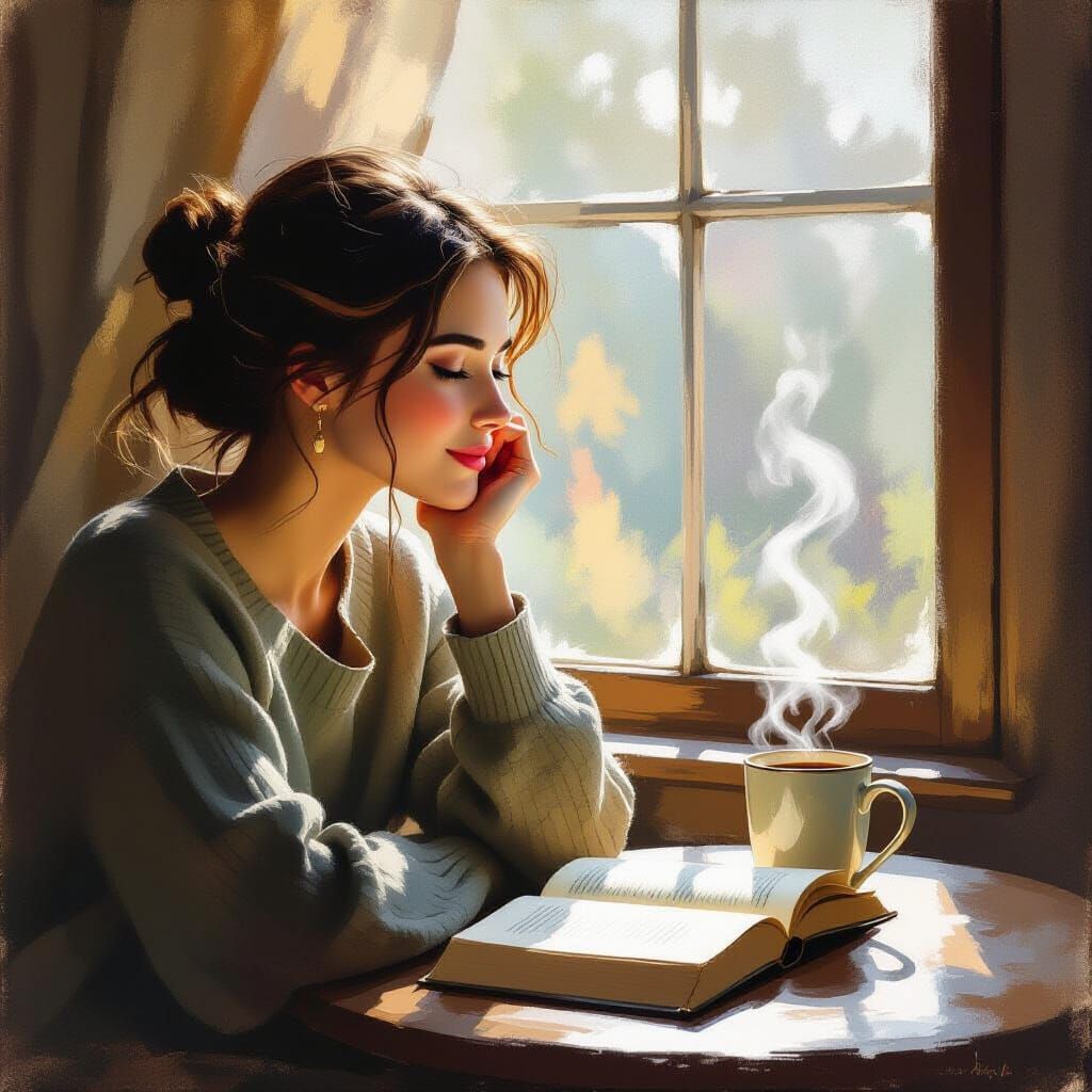 Woman Reading in Warm Light, Impressionistic Style