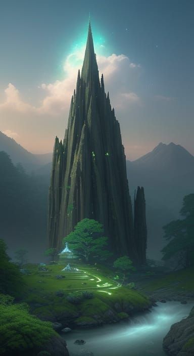 Ethereal Crystal Spire Rises from Emerald Mountains