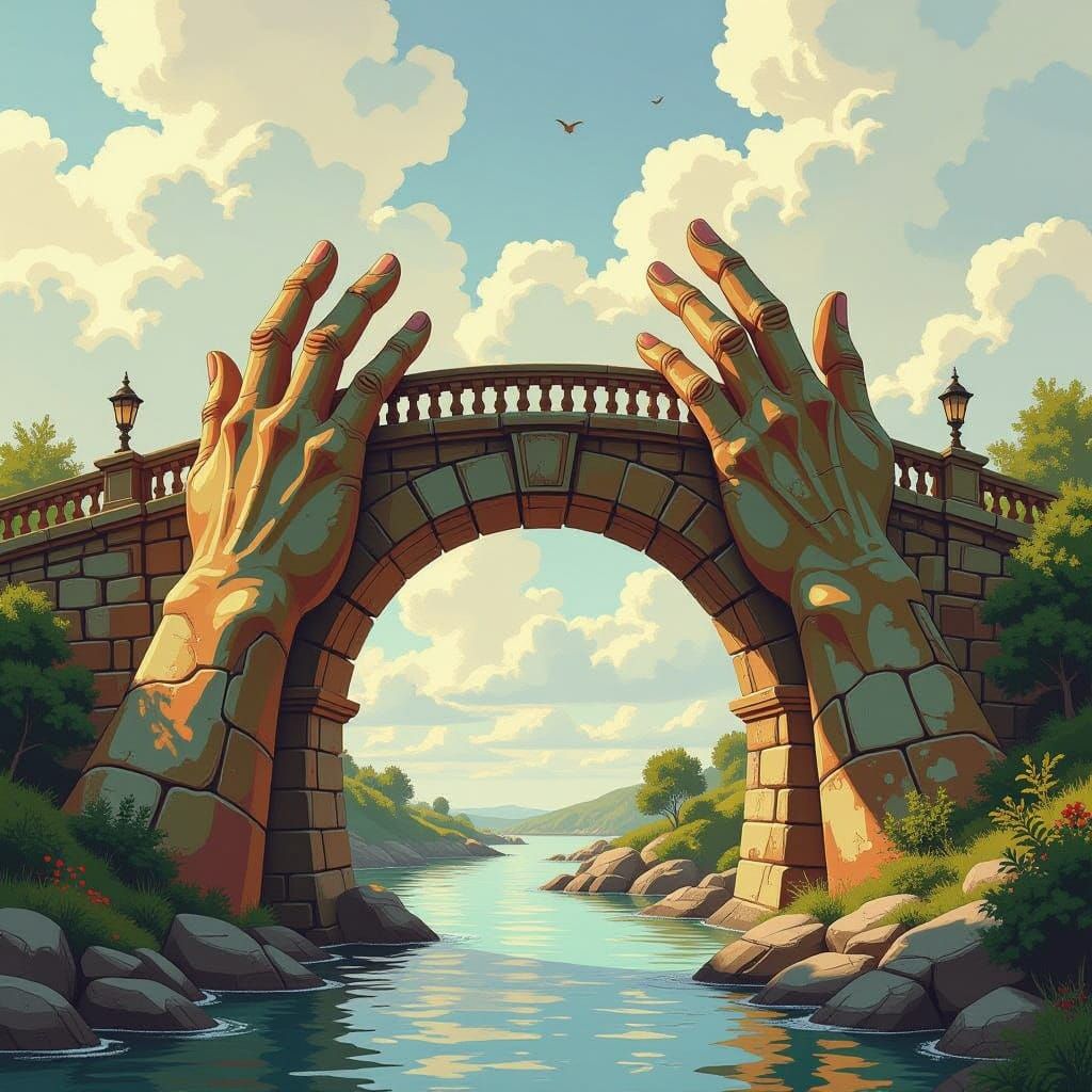 Fantasy Bridge Supported by Colossal Stone Hands in Impasto ...