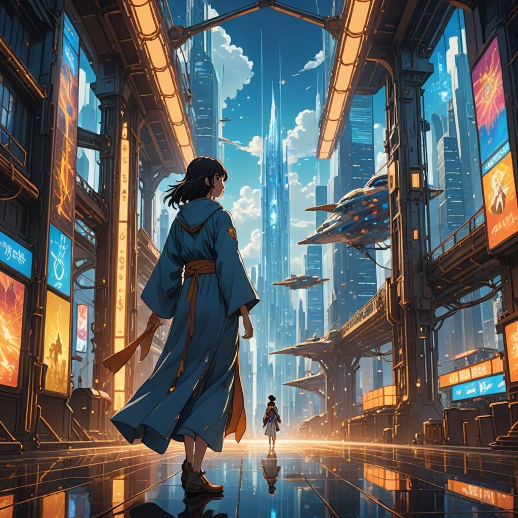 Futuristic Stained Glass City With Goddess and Flying Ships