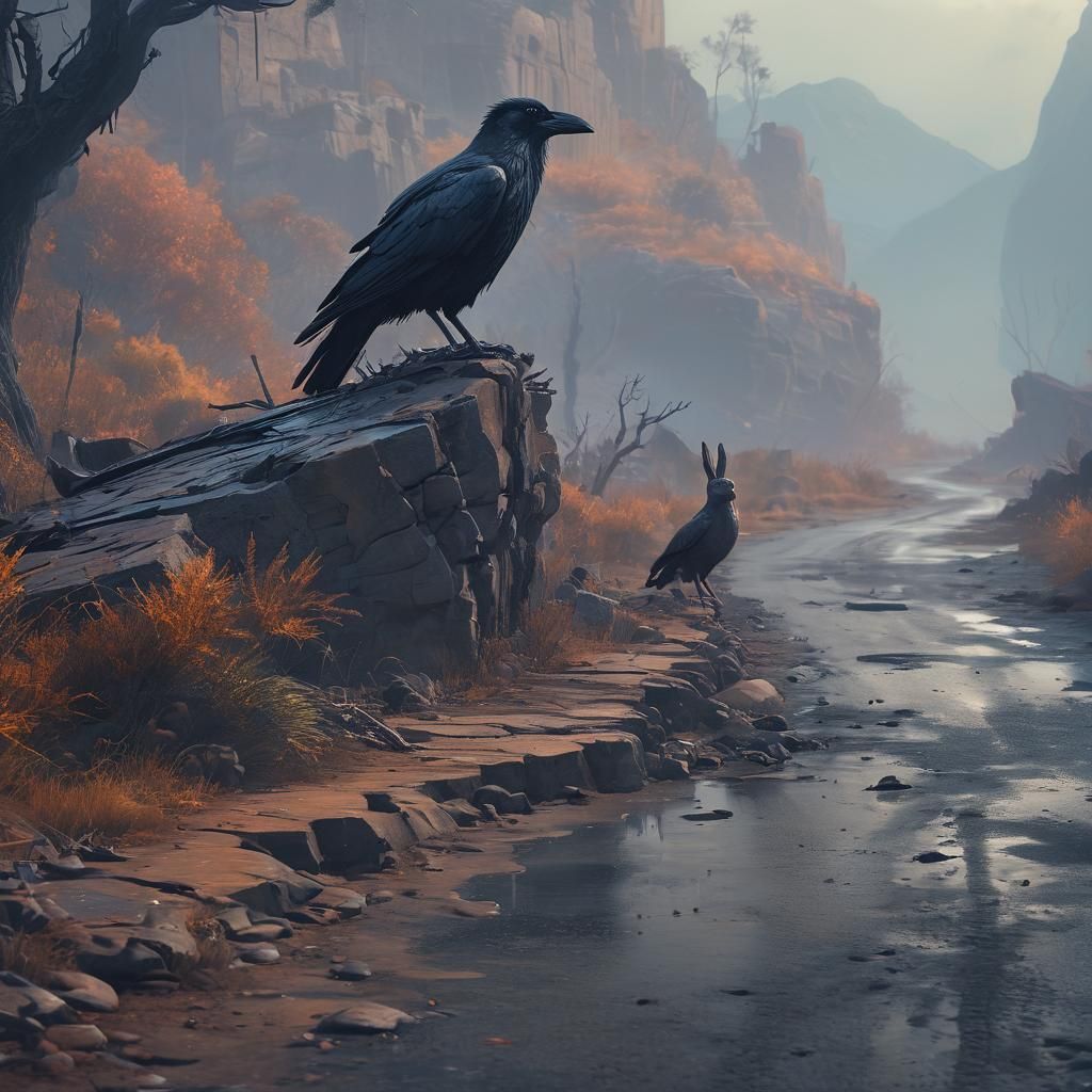 Raven and Rabbit in Post-Apocalyptic Landscape