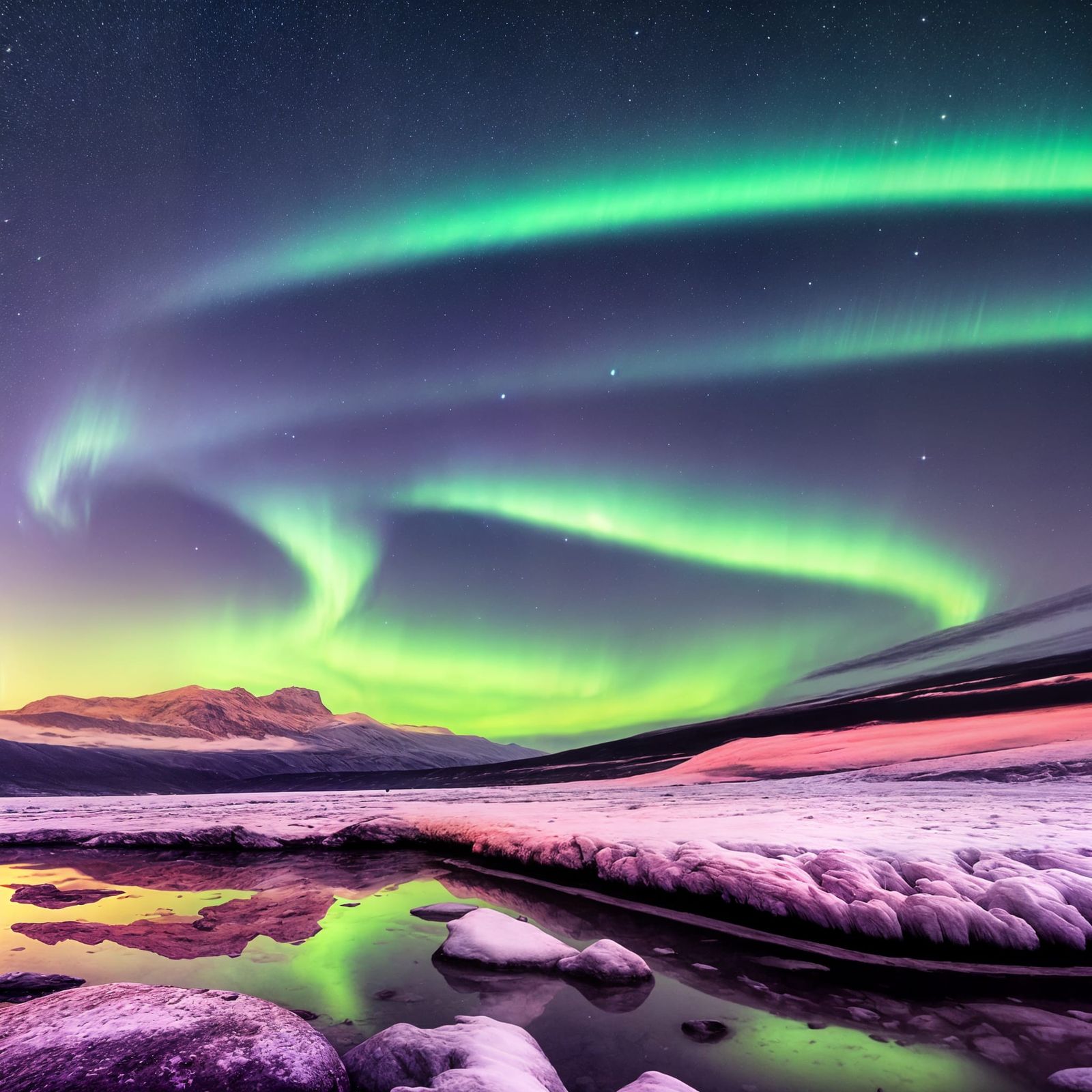 Arctic Aurora Borealis Over Frozen Lake in Long Exposure Sty...