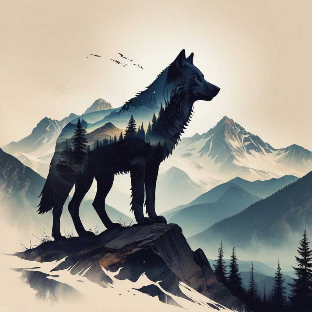 Wolf Silhouette on Majestic Mountain Landscape
