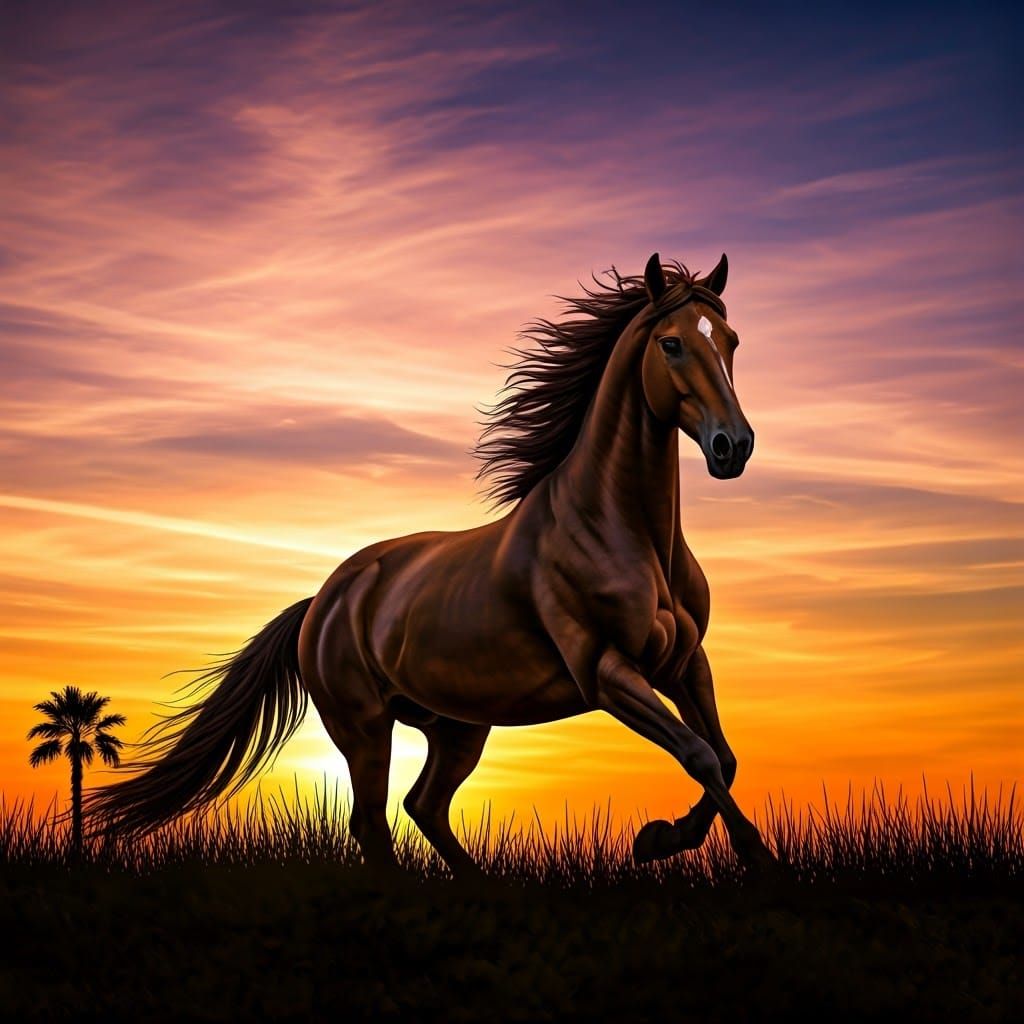 Majestic Mustang Galloping at Sunset in Dreamy Landscape