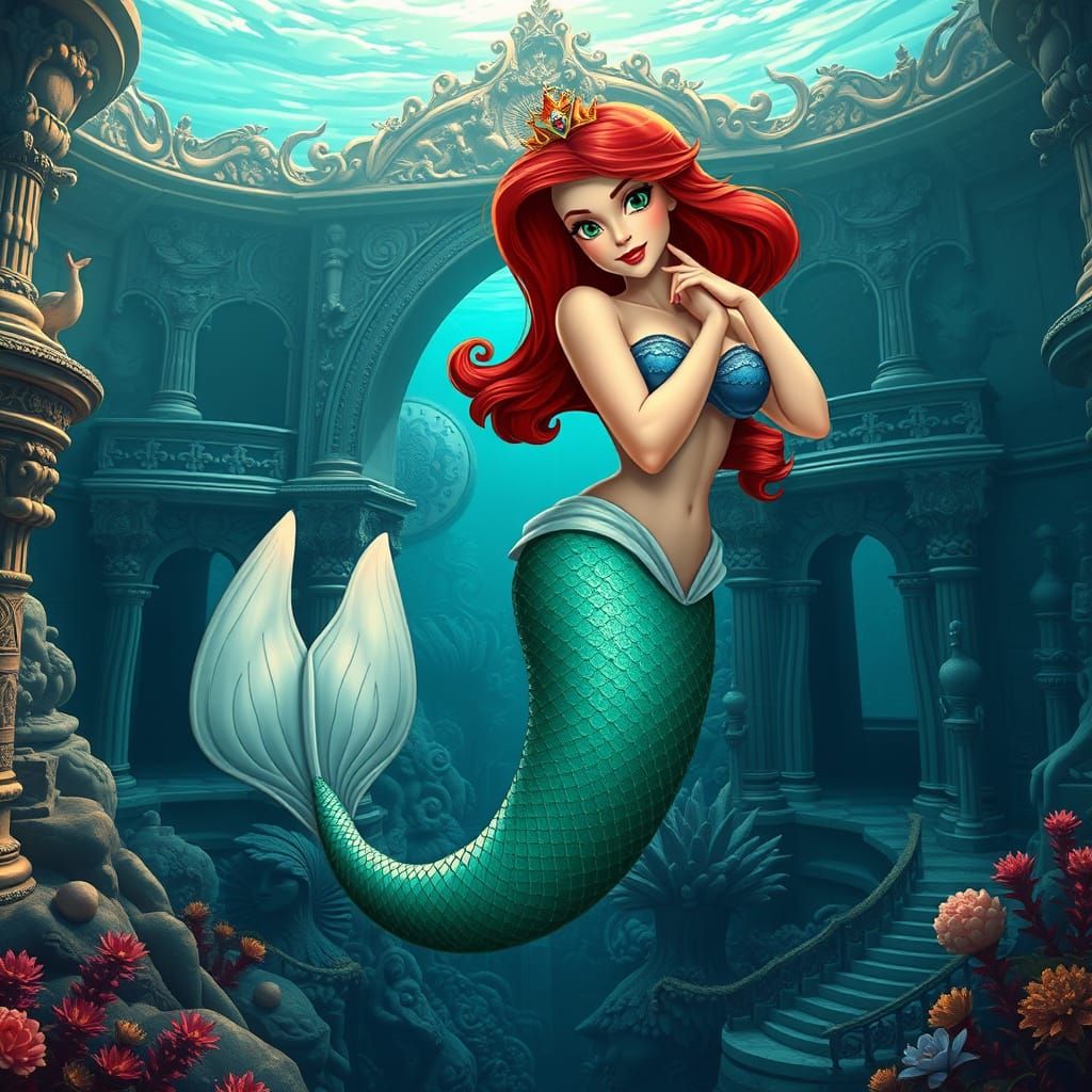 Hyperrealistic Disney Mermaid Pin-Up in Ancient Atlantis