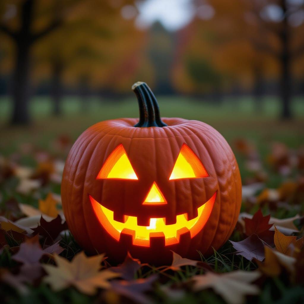 a carved halloween jack-o-lantern glows warmly