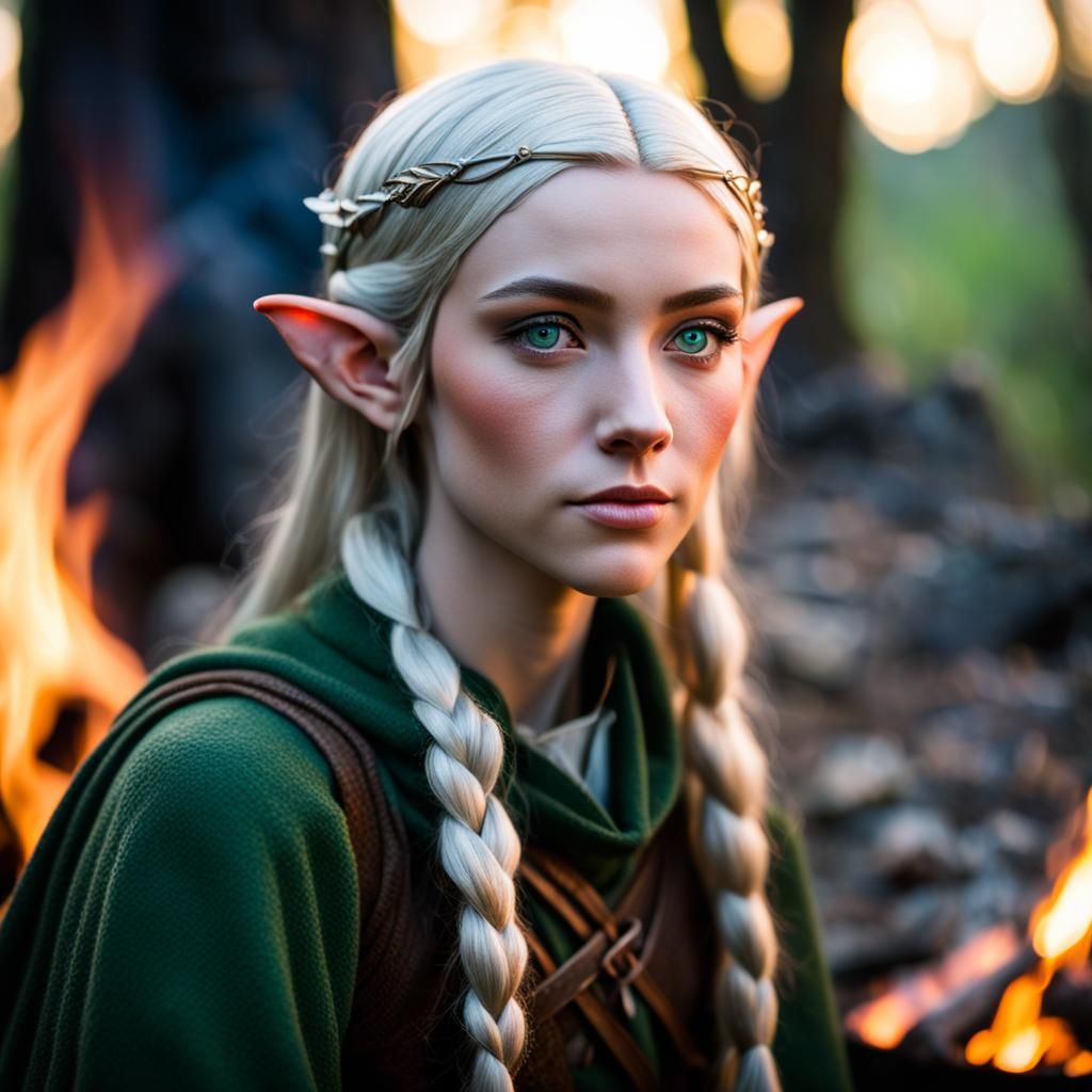 Young Elf by Campfire in Professional Photography Style