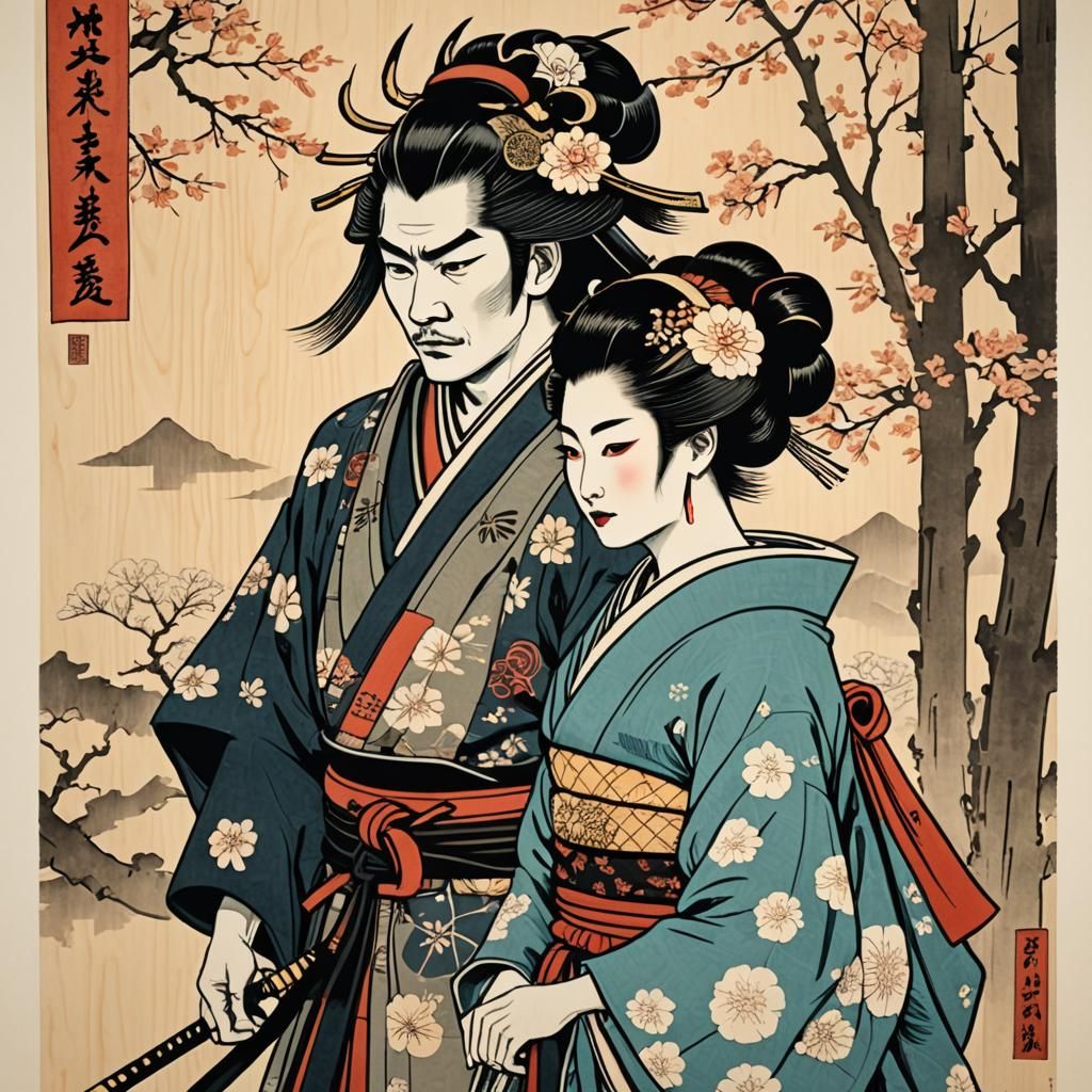 Samurai and Geisha in Ukiyo-e Style Print