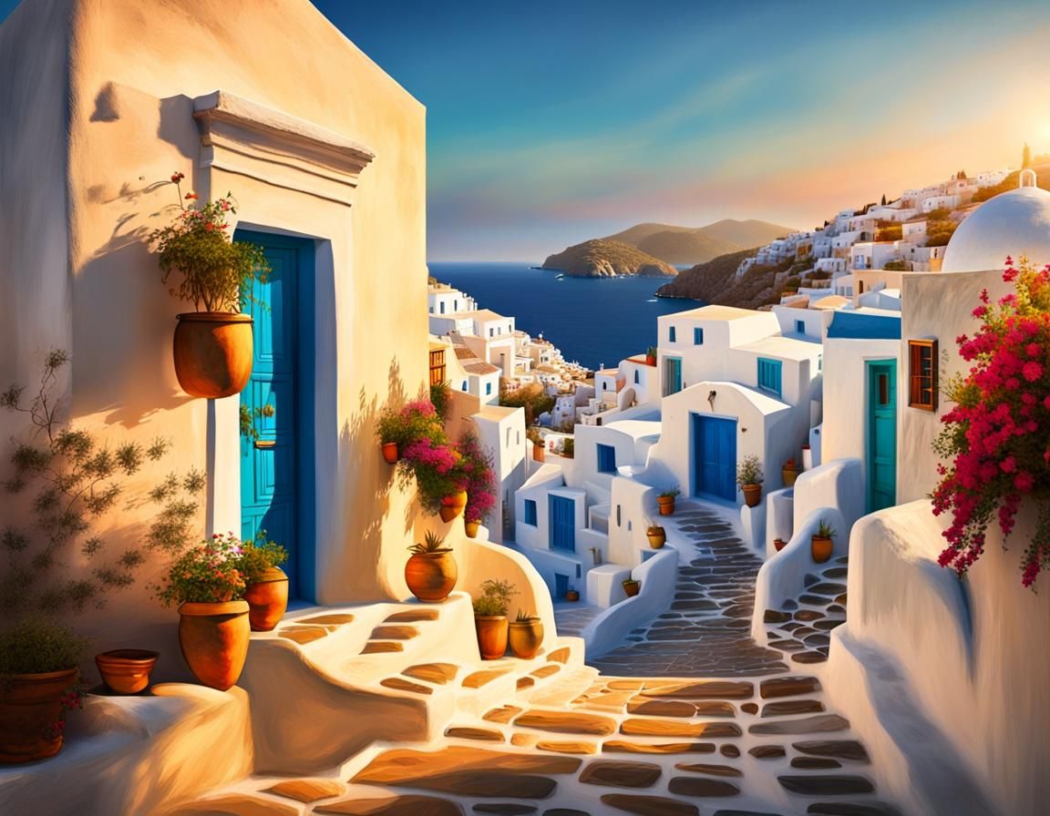 Cycladic Village Architecture in Impressionistic Style
