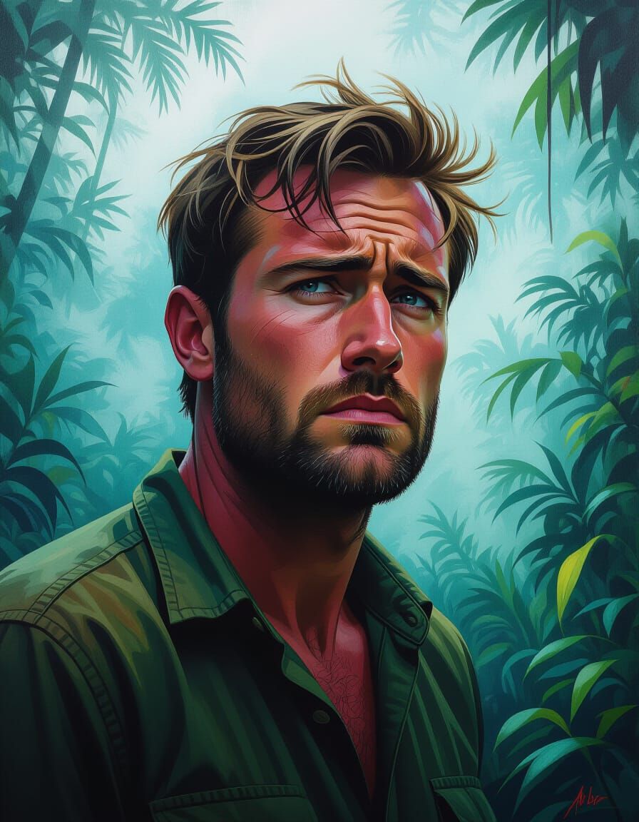 Anguished Man in Jungle, Hyperrealistic Style