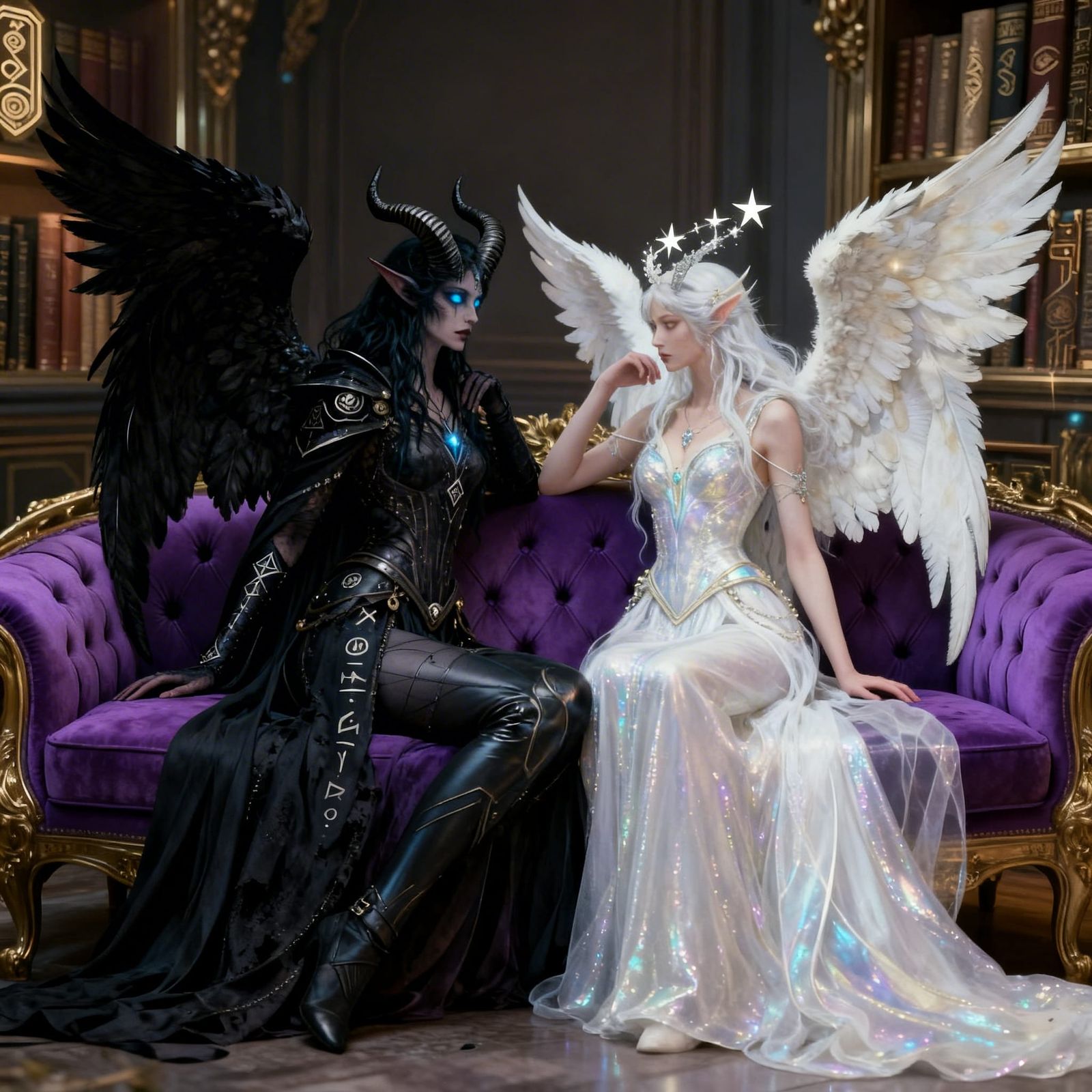 Angel and Demoness Couple on Couch